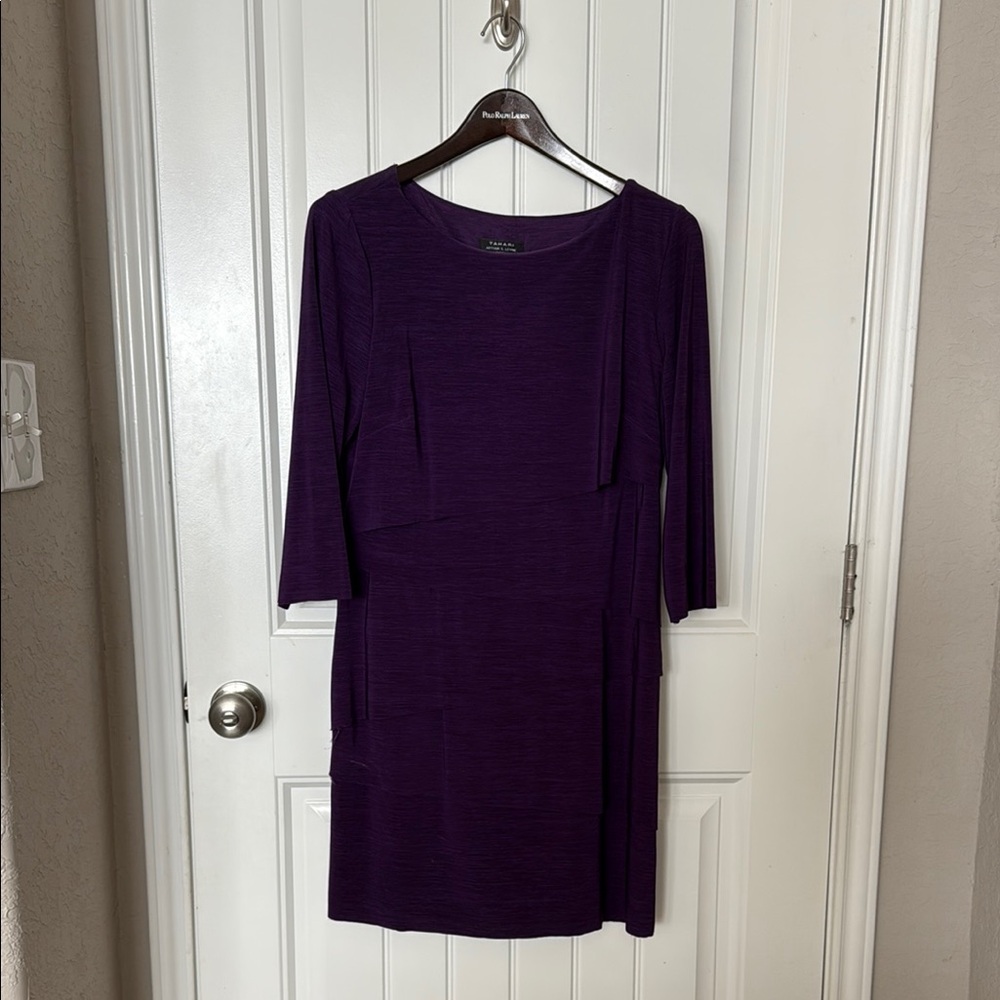 Tahari Purple Sheath Dress 3/4 Sleeve Crew Neck